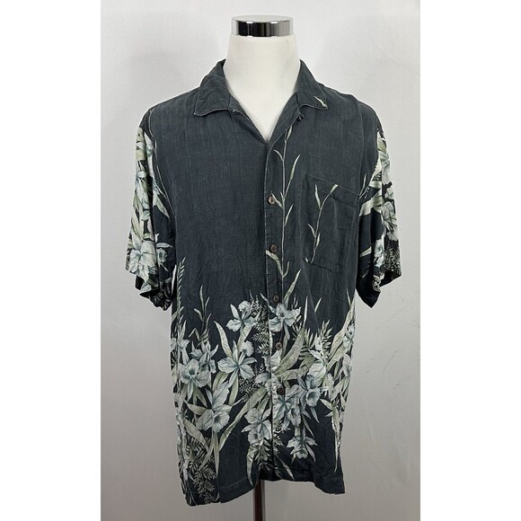 Tommy Bahama Large 100% Silk Hawaiian Aloha Shirt Floral Blue Green on Black - Picture 2 of 4